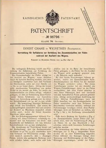 Original Patentschrift - E. Charié in Wignetries , 1897 , Selfaktoren , Spinnerei , Spinnmaschine !!!