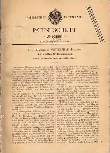 Original Patentschrift - E. Powell in Winterfield , England , 1899 , Stellvorrichtung für Eisenbahn , Signal , Train !!!