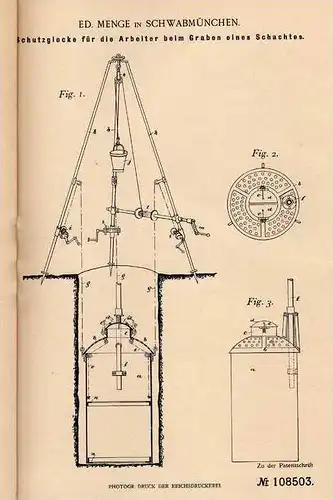 Original Patentschrift - E. Menge in Schwabmünchen , 1899 , Schutzglocke für Arbeiter im Schacht , Brunnen , Stollen !!!