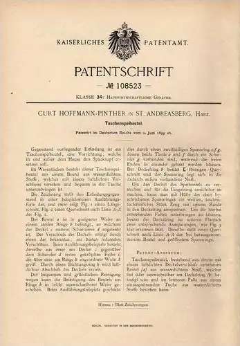 Original Patentschrift - C. Pinther in St. Andreasberg , Harz , 1899 , Speibeutel , Taschenspeibeutel , Spucknapf !!!
