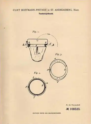 Original Patentschrift - C. Pinther in St. Andreasberg , Harz , 1899 , Speibeutel , Taschenspeibeutel , Spucknapf !!!