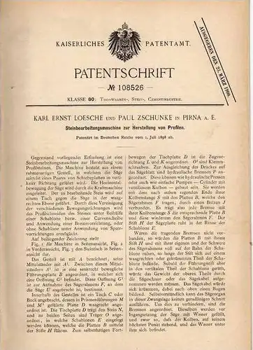 Original Patentschrift - K. Loesche in Pirna a.E., 1898 , Steinbearbeitungsmaschine , Stein !!!