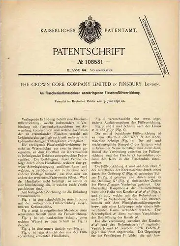 Original Patentschrift - The Crown Cork Company Ltd. in Finsbury , 1898 , Maschine für Kronkorken !!!