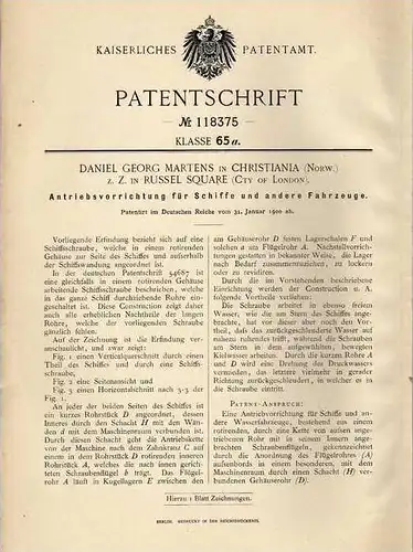 Original Patentschrift - D. Martens in Russel Square und Christiania , 1900 , Antrieb für Schiffe , Schiff , Boot!!!