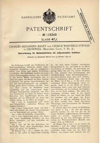 Original Patentschrift - C. Bailey in Cromwell , 1899 , Rohrverbindung für Weichmetall !!!