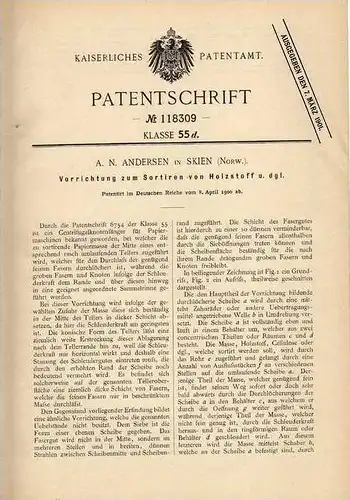 Original Patentschrift - A. Andersen in Skien , Norwegen , 1900 , Holzstoff - Sortiermaschine , Papier !!!