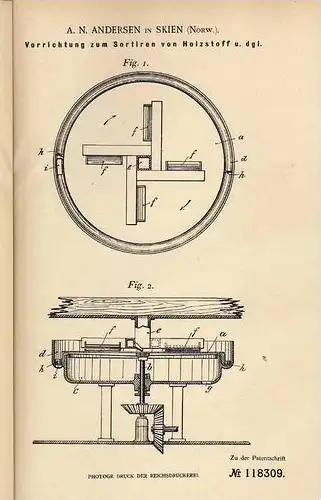 Original Patentschrift - A. Andersen in Skien , Norwegen , 1900 , Holzstoff - Sortiermaschine , Papier !!!