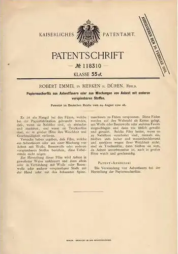 Original Patentschrift - R. Emmel in Merken b. Düren , 1900 , Filz , Papiermacherfilz , Papierfabrik !!!