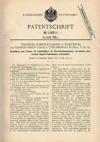Original Patentschrift - C. Gage in Tyngsborough und Worcester , 1900 , Schneidemaschine für Papier !!!