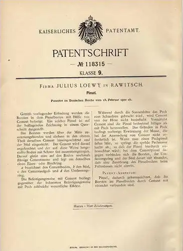 Original Patentschrift - Fa. J. Loewy in Rawitsch / Rawicz , 1900 , Pinsel , Maler , Malerei !!!