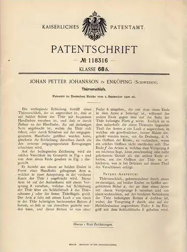 Original Patentschrift - J. Johansson in Enköping , 1900 , Verschluß für Tür !!!