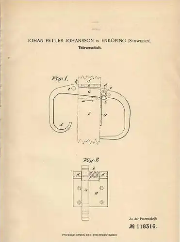 Original Patentschrift - J. Johansson in Enköping , 1900 , Verschluß für Tür !!!