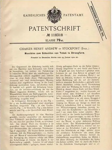 Original Patentschrift - C. Andrew in Stockport , 1900 , Maschine für Tabak , Cigarette , Cigarre !!!