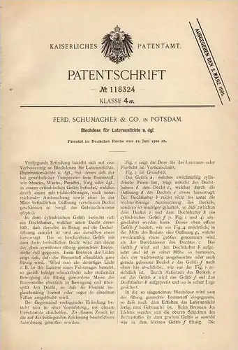 Original Patentschrift - F. Schumacher & Co in Potsdam , 1900 , Blechdose für Laterne !!!