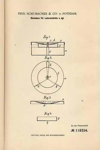 Original Patentschrift - F. Schumacher & Co in Potsdam , 1900 , Blechdose für Laterne !!!