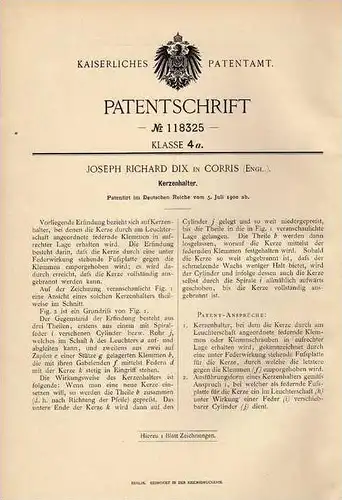 Original Patentschrift - J. Dix in Corris , 1900 , Halter für Kerzen !!!
