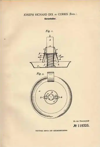 Original Patentschrift - J. Dix in Corris , 1900 , Halter für Kerzen !!!