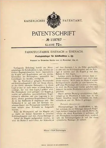 Original Patentschrift - Fahrzeugfabrik in Eisenach , 1899 , Pivotspindellager für Schiffslaffeten !!!