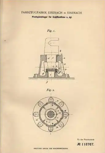 Original Patentschrift - Fahrzeugfabrik in Eisenach , 1899 , Pivotspindellager für Schiffslaffeten !!!