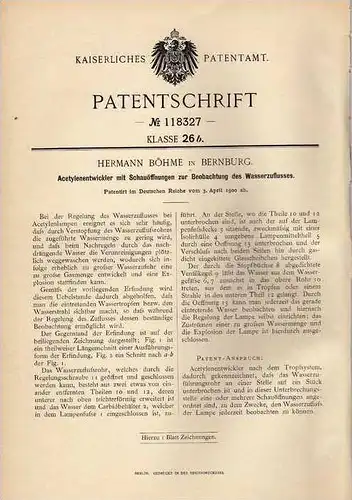 Original Patentschrift - H. Böhme in Bernburg , 1900 , Acetylenentwickler , Acetylen !!!