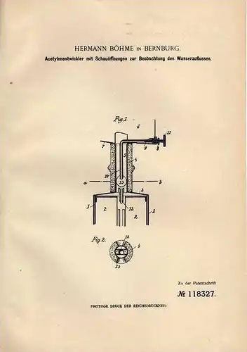 Original Patentschrift - H. Böhme in Bernburg , 1900 , Acetylenentwickler , Acetylen !!!