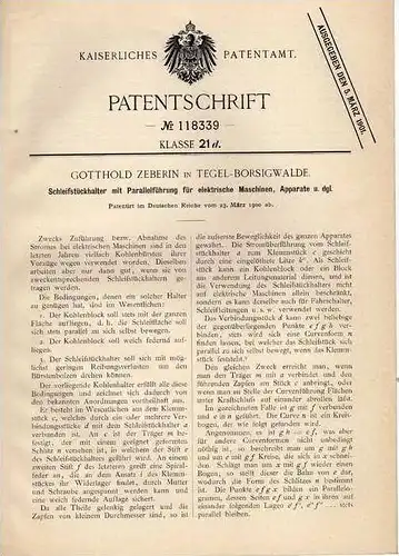 Original Patentschrift - G. Zeberin in Tegel - Borsigwalde , 1900 , Halter für Kohlebürsten für elektrische Maschinen !!
