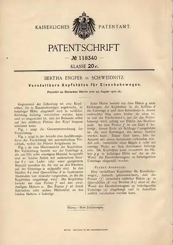 Original Patentschrift - B. Engfer in Schweidnitz , 1900 , Kopfstütze für Eisenbahnwagen , Waggon , Eisenbahn !!!