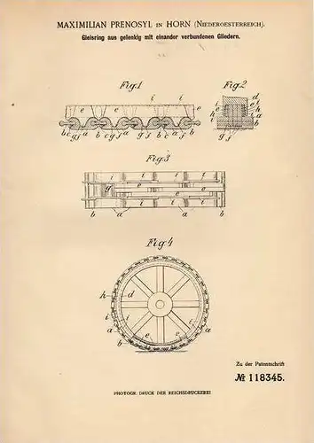 Original Patentschrift - M. Prenosyl in Horn , 1900 , Gleisring mit Gliedern !!!