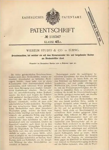 Original Patentschrift - W. Studti & Co in Elbing , 1900 , Dreschmaschine , Dreschen , Landwirtschaft , Ernte !!!