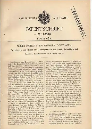 Original Patentschrift - A. Müller in Rasemühle b. Göttingen , 1899 , Apparat zum Transport Getreide und Stroh !!!