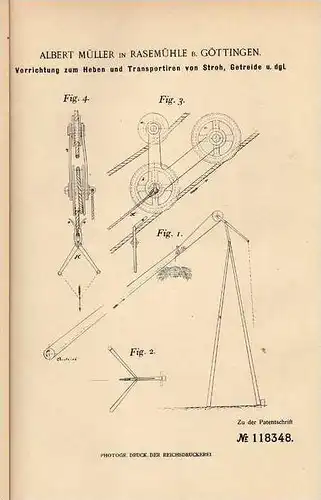 Original Patentschrift - A. Müller in Rasemühle b. Göttingen , 1899 , Apparat zum Transport Getreide und Stroh !!!