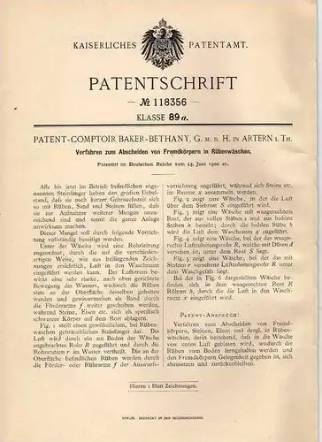 Original Patentschrift - Baker - Bethany GmbH in Artern i. Th., 1900 , Wäsche für Rüben , Landwirtschaft , Zuckerrüben !