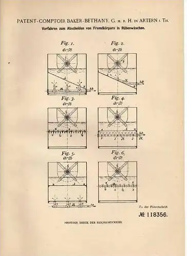 Original Patentschrift - Baker - Bethany GmbH in Artern i. Th., 1900 , Wäsche für Rüben , Landwirtschaft , Zuckerrüben !