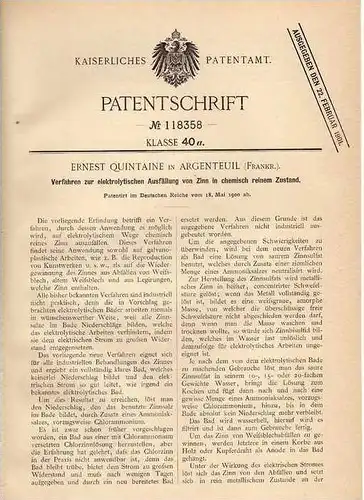 Original Patentschrift - E. Quintaine in Argenteuil , 1900 , Elektrolyse von Zinn , Chemie !!!