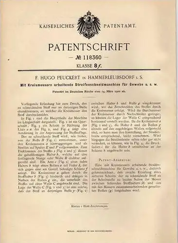 Original Patentschrift - F. Peuckert in Hammerleubsdorf i.S. , 1900 , Schneidmaschine für Gewebe , Schneiderei !!!