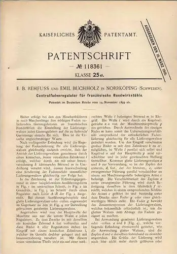 Original Patentschrift - E. Rehfuss in Norrköping , 1899 , Regulator für französ. Rundwirkstuhl , Näherei , Weberei !!!