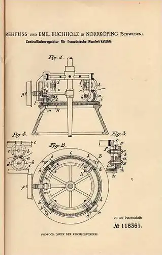 Original Patentschrift - E. Rehfuss in Norrköping , 1899 , Regulator für französ. Rundwirkstuhl , Näherei , Weberei !!!