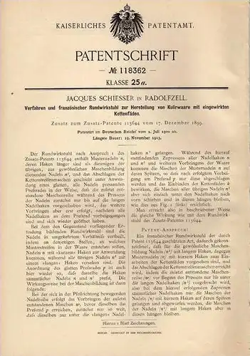 Original Patentschrift - J. Schiesser in Radolfzell , 1900 , französischer Rundwirkstuhl , Weberei , Näherei !!!