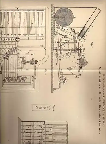 Original Patentschrift - F. Hallama in Klettendorf b. Breslau , 1899 , Zahlmaschine für Geld , Münzen , Sparkasse !!!