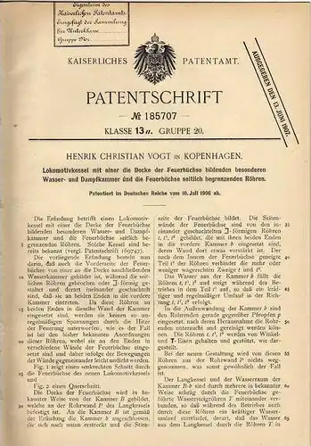 Original Patentschrift - H. Vogt in Kopenhagen , 1906 , Kessel für Lokomotive , Lok , Eisenbahn !!!