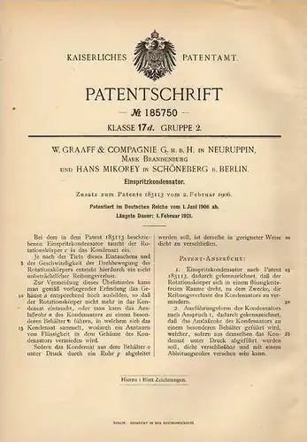 Original Patentschrift - W. Graaf & Co in Neuruppin und Schöneberg , 1906 , Einspritzkondensator , Kondensator !!!