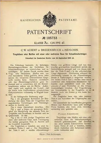 Original Patentschrift - C.W. Albert in Bredenbruch b. Iserlohn , 1905 , Schaufenster - Ösen !!!