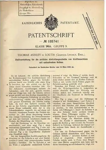 Original Patentschrift - T. Ashley in Louth , 1906 , Maschine mit umlaufendem Kolben , Motor !!!