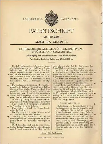 Original Patentschrift - Hohenzollern AG für Lokomotivbau in Düsseldorf - Grafenberg , 1905 , Schaufeln für Turbine !!!