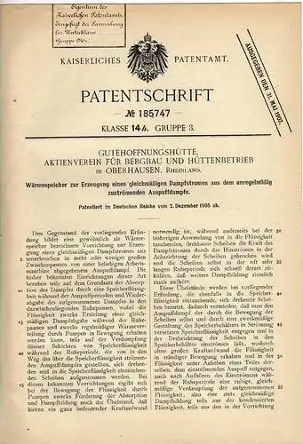 Original Patentschrift - Bergbau und Hüttenbetrieb in Oberhausen , 1905 , Wärmespeicher für Dampfstrom !!!