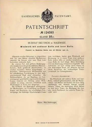 Original Patentschrift - R. Skutsch in Halensee , 1900 , Windwerk , Hebekran , Winde !!!