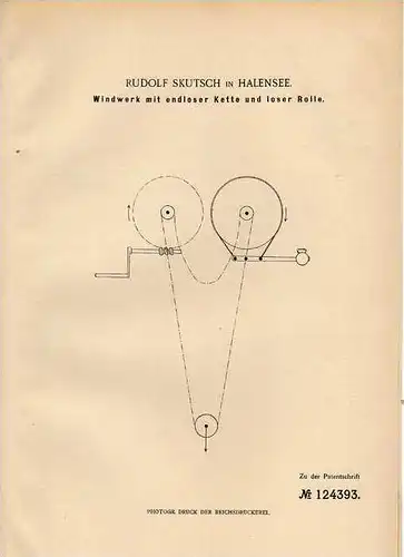 Original Patentschrift - R. Skutsch in Halensee , 1900 , Windwerk , Hebekran , Winde !!!