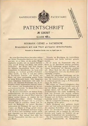 Original Patentschrift - H. Gierke in Rathenow , 1900 , Dreschkorb , Dreschmaschine , Landwirtschaft , Ernte !!!