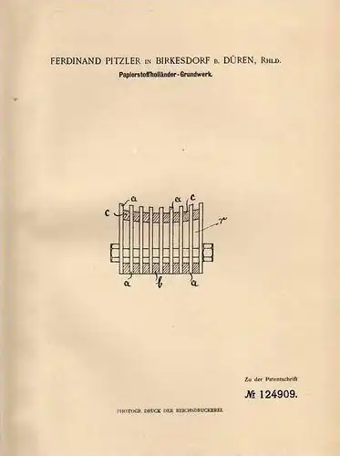 Original Patentschrift - F. Pitzler in Birkesdorf b. Düren , 1900 , Papierstoffholländer - Grundwerk , Holländermesser !