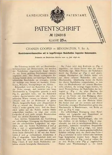 Original Patentschrift - C. Cooper in Bennington , 1898 ,  Wirkmaschine , Nähmaschine , Näherei !!!